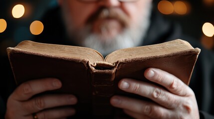 A bearded monk engrossed in reading an antique book, illuminated by candlelight in a dimly lit room, embodies reflection and spiritual contemplation.