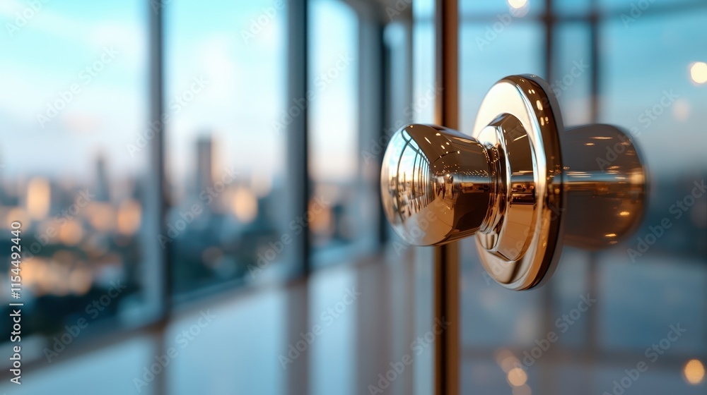 Poster a shiny glass door knob reflects a cityscape through large windows, emphasizing themes of transparen