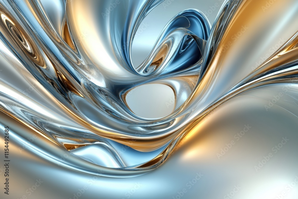 Poster Flowing abstract 3D design showcasing smooth curves and metallic hues of silver and gold in a dynamic composition. Generative AI
