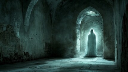 Ghostly Figure in Historical Castle Archway