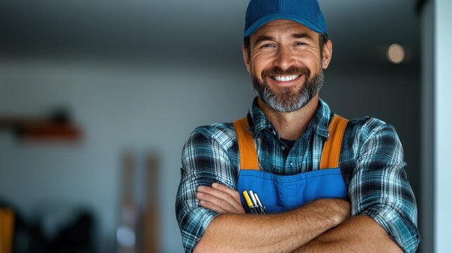 A content handyman stands in blue overalls, arms crossed, with visible tools in the chest pocket. He symbolizes reliability and professionalism in every task.