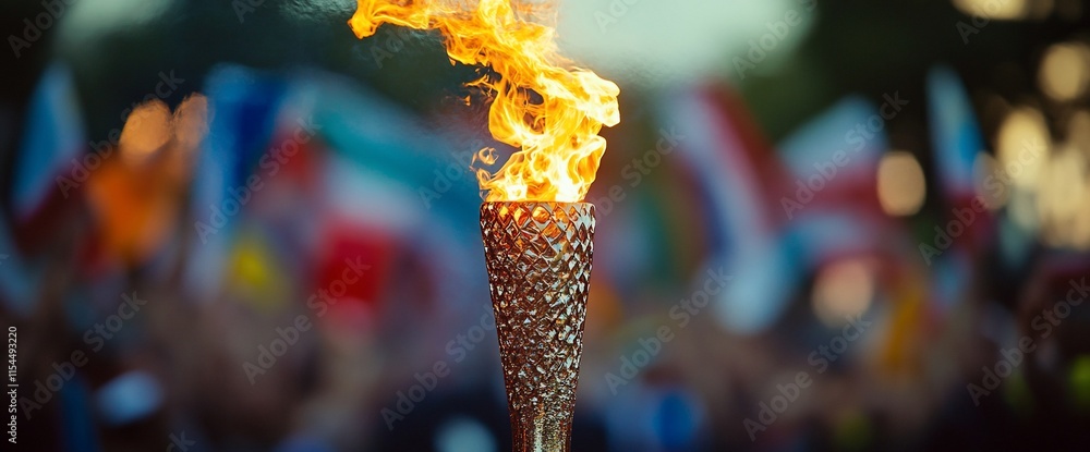 Poster a flaming torch stands prominently with flags waving in the background.