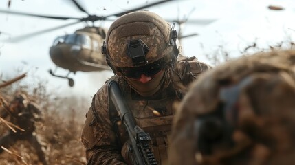 A soldier, clad in full tactical gear, navigates an active combat zone, highlighting the synergy of strategy, skill, and unwavering determination within his team.