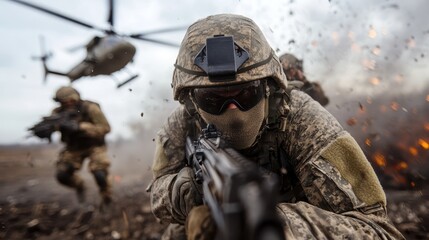 A soldier, masked and focused, aims his weapon amidst the chaotic setting of a battlefield, underlining themes of discipline and military preparedness at play.