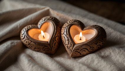 Hand-Carved Wooden Hearts on Linen with Candlelight