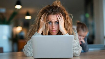 A woman with a stressed expression sits in front of her laptop, holding her head, while a child is visible in the background adding to the chaotic ambiance.