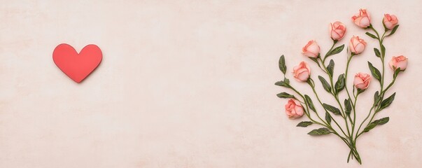 Obraz premium A heart shape and pink flowers arranged on a soft, neutral background.
