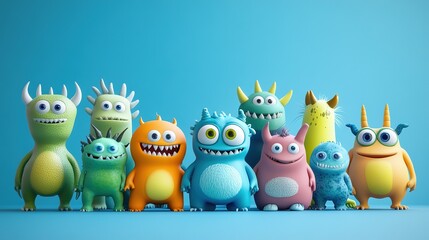 Colorful monster gathering fantasy world character art playful environment close-up view fun concept for children