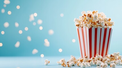 Overflowing popcorn in a traditional red and white striped bucket, set against a light blue backdrop, creating a classic cinematic snack vibe.