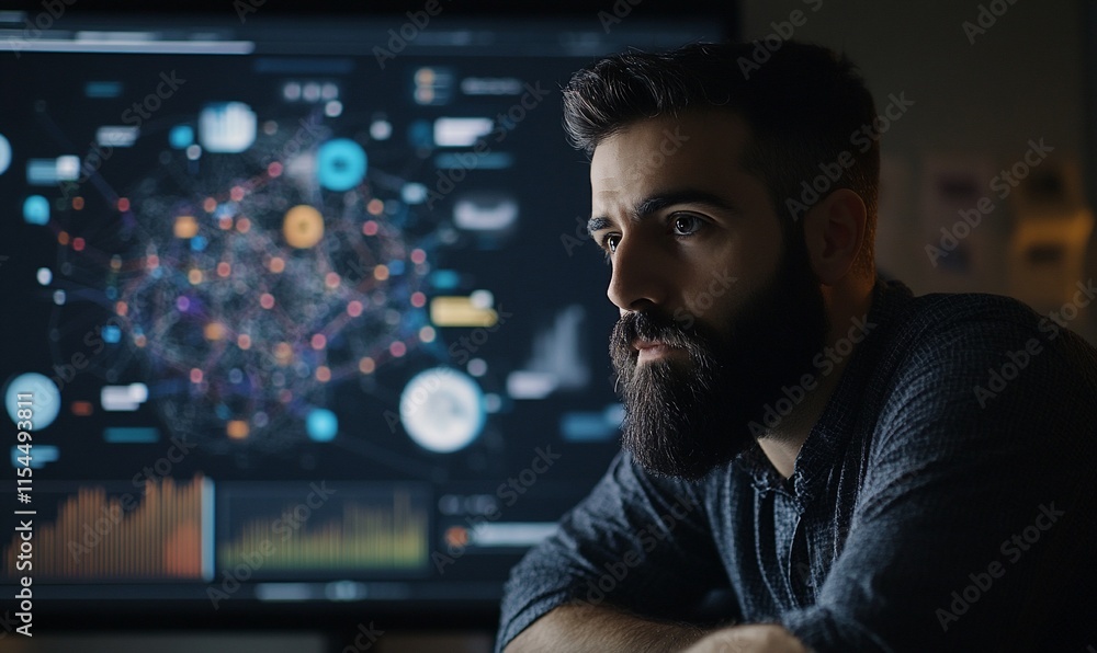 Aufkleber a focused individual analyzing data on a digital screen in a modern workspace.