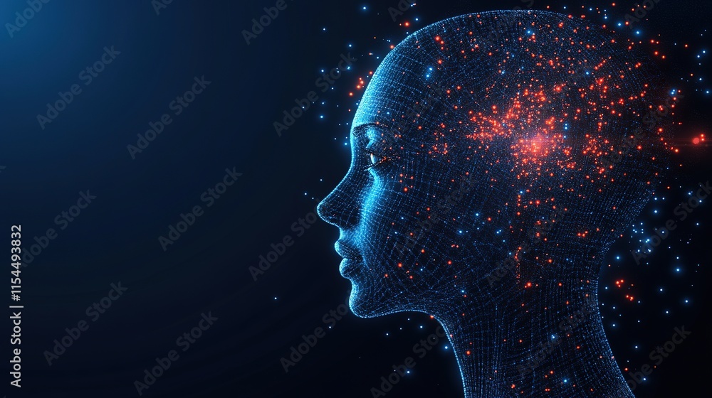 Poster exploring human consciousness through digital art virtual space 3d visualization abstract side profi