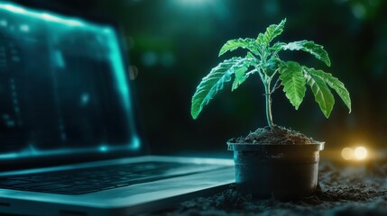 A contemporary workspace featuring a young plant in a pot beside a glowing laptop screen, blending nature with technology and highlighting modern work styles.