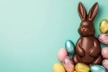 Experience the delightful joy of Easter with charming treats including a cute chocolate bunny alongside an array of colorful Easter eggs, all beautifully set against a vibrant turquoise background