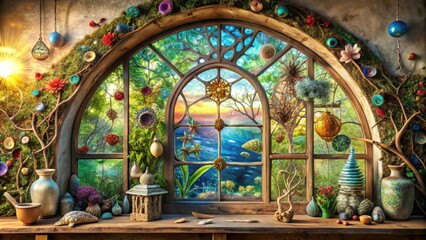 Obraz premium A whimsical window adorned with handcrafted decorations and a view of a magical sunset over an enchanted forest.