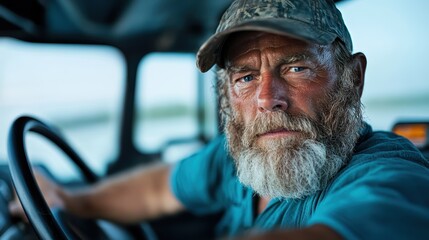 Fototapeta premium A bearded elderly man wearing a cap and blue shirt drives a truck with a serious and focused expression, showcasing his rugged outdoor lifestyle and determination.