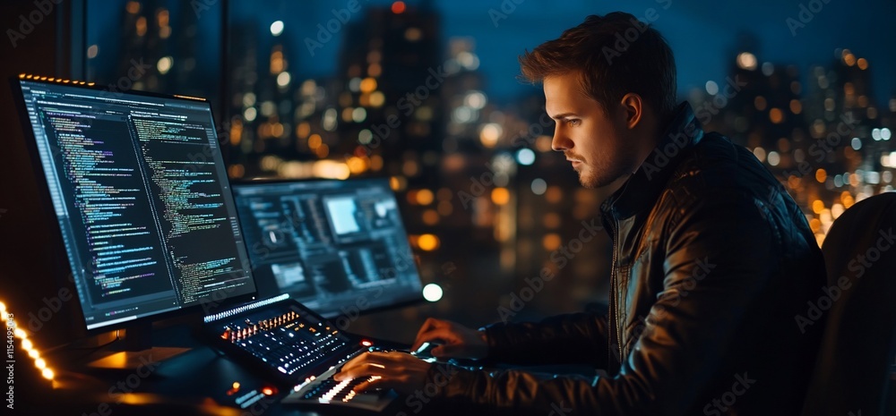 Aufkleber a focused individual working on multiple monitors in a tech-savvy environment.