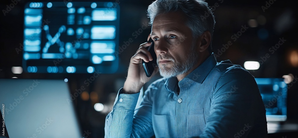 Poster a focused man on a phone call in a modern office setting with digital screens.