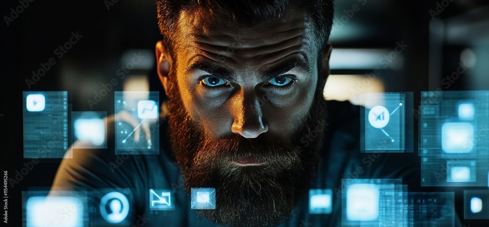 Poster a focused man surrounded by digital interface elements, suggesting technology use.