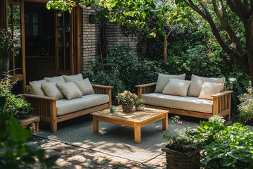 A beautifully arranged wooden furniture set placed in a garden corner, offering both and comfort in a serene outdoor setting.