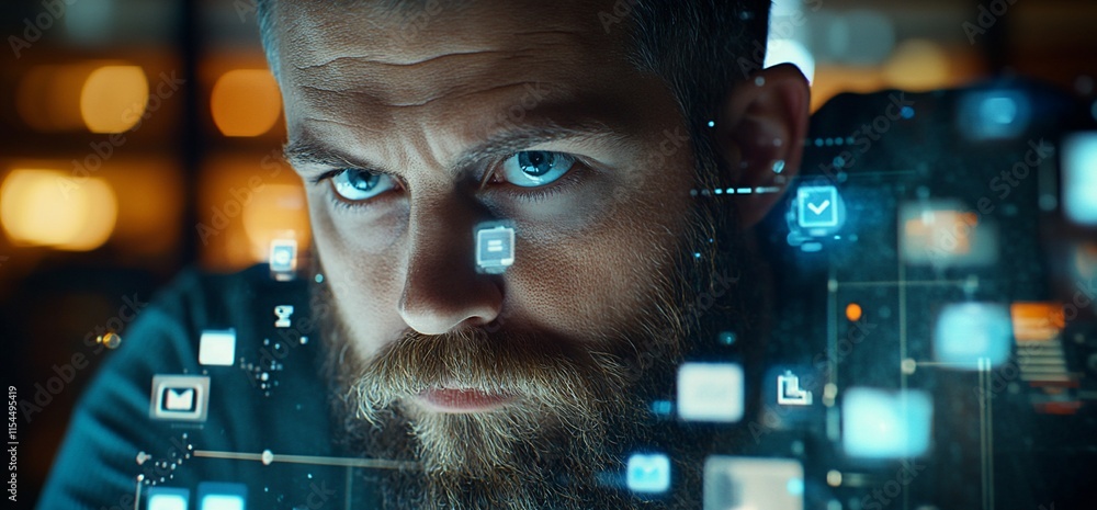 Poster a focused man with a beard, surrounded by digital interface elements.