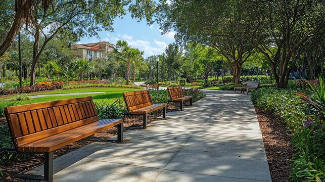 A beautifully designed city park with wooden benches along a sidewalk, providing a peaceful place for citizens to relax and enjoy the outdoors.