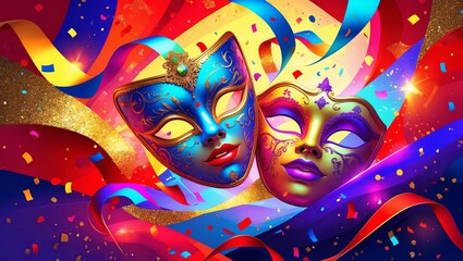 Festive Venetian Masks with Colorful Ribbons and Glittering Confetti