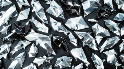 A collection of shiny, multifaceted geometric shapes on a dark surface.