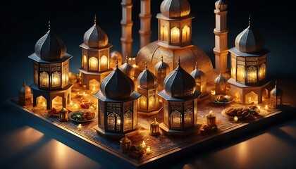 Obraz premium Illuminated Mosque Lanterns Ramadan Night Festive Scene Warm Glow
