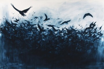 Fototapeta premium Bird murmuration in dynamic motion, charcoal and twilight blue, dusk silhouette