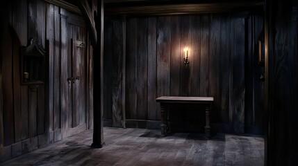 Eerie ambiance of a dimly lit room during a power outage, featuring a solitary flickering candle on a wooden table casting mysterious shadows on the walls