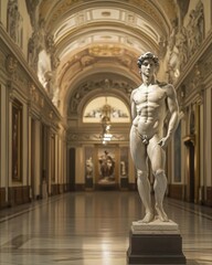 A classical sculpture in a grand art gallery setting.