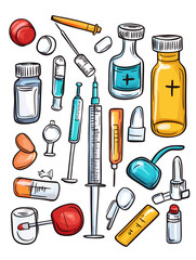 Fototapeta premium Various medical supplies, syringes, and vials arranged on a white background for health care illustration