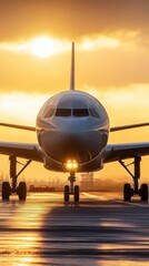 A jet airplane facing the camera during a sunset at the airport.