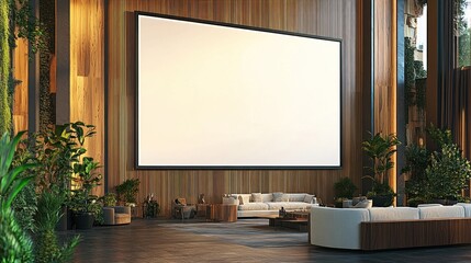 Blank billboard in modern, wood-paneled lobby with lounge seating and plants.