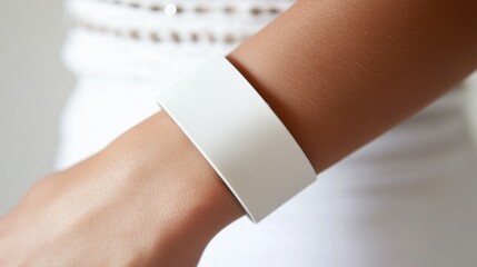Obraz premium Close-up of a woman's wrist wearing a blank white wristband.