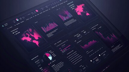 Advanced data visualization dashboard with KPI metrics and country-specific stats, futuristic glass interface,