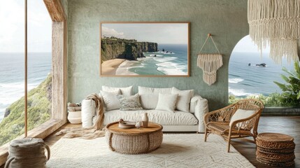 Coastal view framed print in boho chic living room.