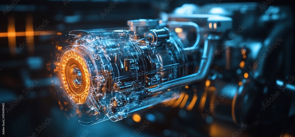 Poster a futuristic engine component with glowing elements and intricate design.