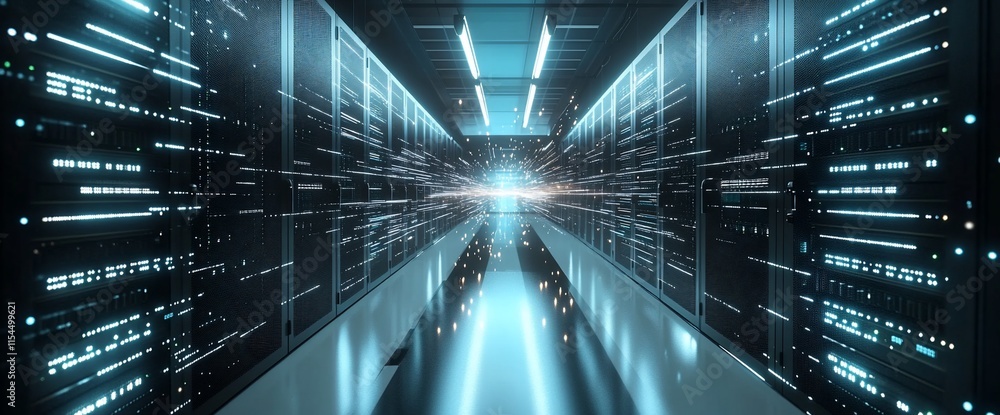Poster a futuristic data center with glowing lights and server racks.