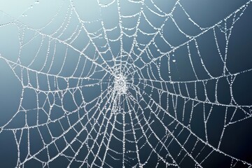 Obraz premium Close framing of spider webs with morning dew, backlit droplets, macro nature photography