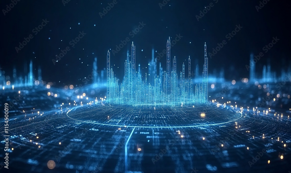 Poster a futuristic digital cityscape with glowing data points and structures.