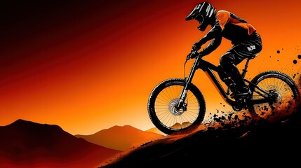 Fototapeta premium Mountain Bike Rider in the snow going down hill