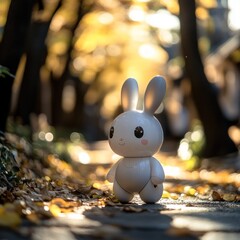 Cute grey bunny robot toy in autumn park.