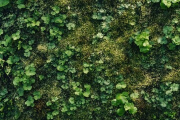 Lush green moss and small plants covering a textured surface.