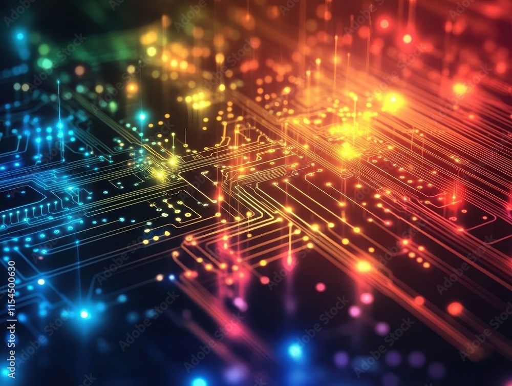 Poster abstract digital circuit design with colorful lights and connections.