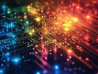 Fototapeta premium Abstract digital circuit design with colorful lights and connections.