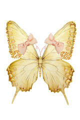 Fototapeta premium Elegant yellow butterfly with pink bows isolated on white background