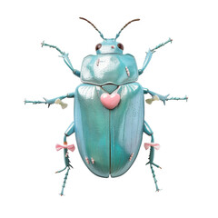 Colorful turquoise beetle with heart design isolated on white