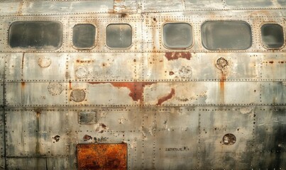 Close-up of a weathered metal surface with rust and rivets.