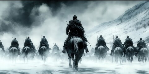 chinese army riding horses into battle, drawing, black and white